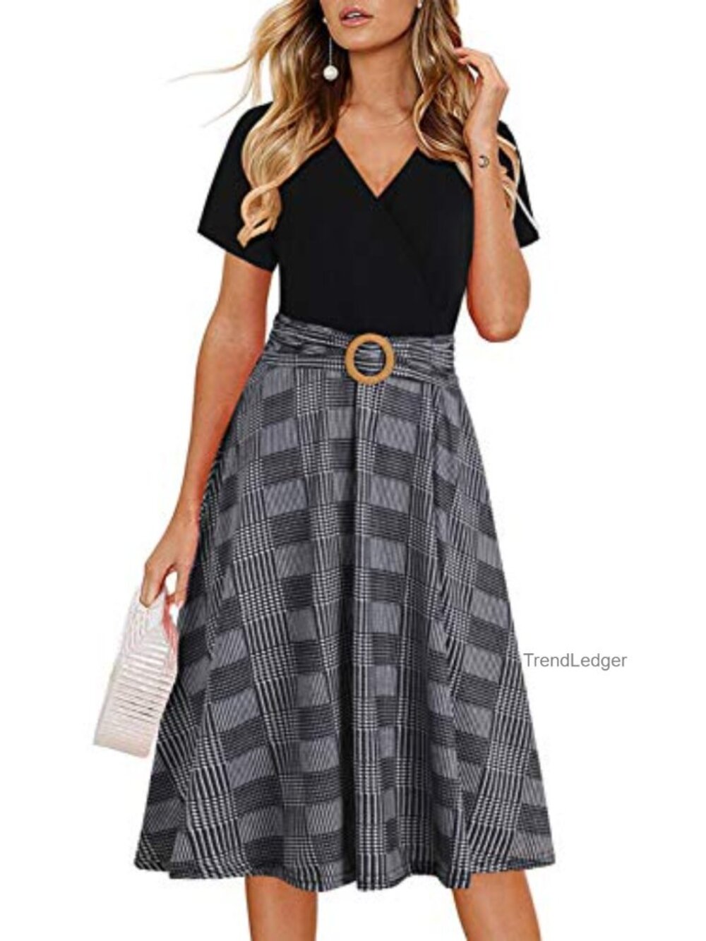 Women's Criss-Cross V Neck Fit and Flare Tea Dress with Pockets